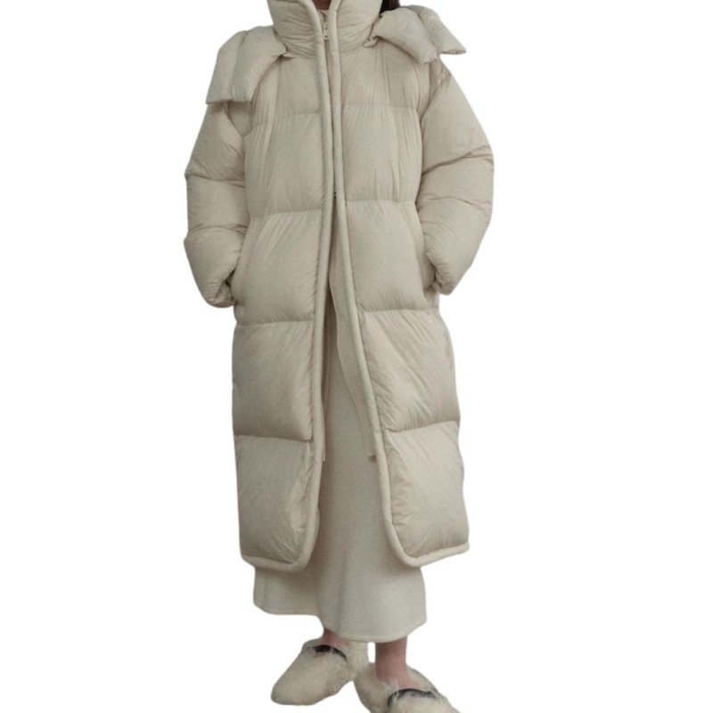 画像1: Long quilted hoodie down  jacket  ユニセックス男女兼用ロングキルティングフーディダウンコートジャケット  (1)