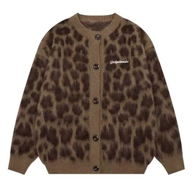 画像1: Unisex Leopard print crew neck mohair cardigan jacket knit sweater  男女兼用レオパード ヒョウ柄ウンドネック カーディガンジャケットセーター (1)