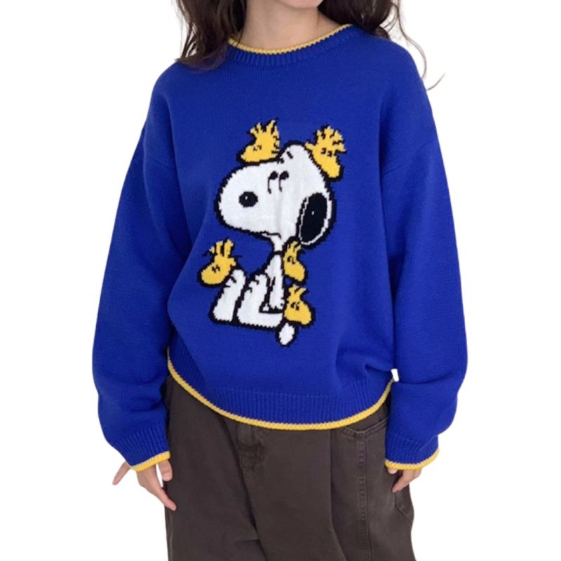 画像1: Snoopy & Woodstock knitted crew neck sweater knitted 　スヌーピー＆ウッドストック編み込み丸首クールネックセータープルオーバー (1)