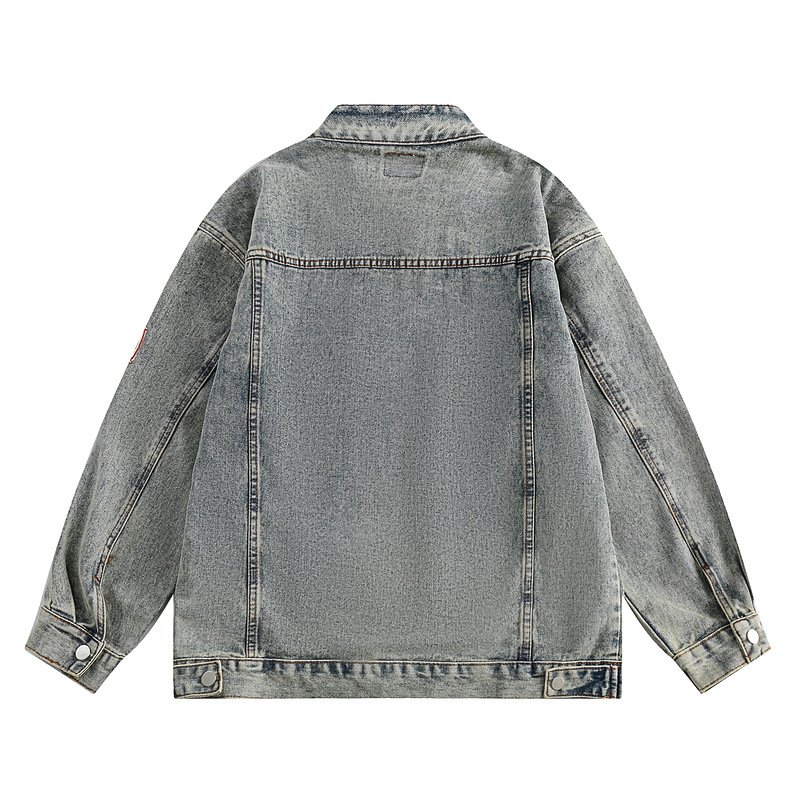 画像2: Retro alphabet embroidered washable stand-up collar denim jacket　ユニセックス 男女兼用 レトロアルファベット刺繍ウォッシュデニムGジャンジャケット (2)