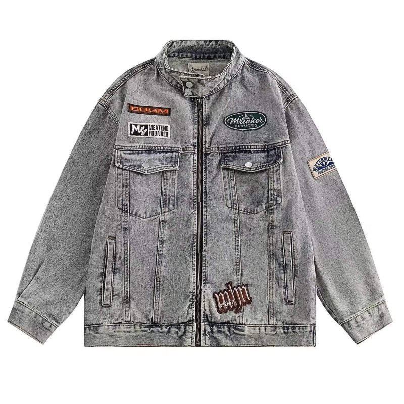 画像1: Retro alphabet embroidered washable stand-up collar denim jacket　ユニセックス 男女兼用 レトロアルファベット刺繍ウォッシュデニムGジャンジャケット (1)