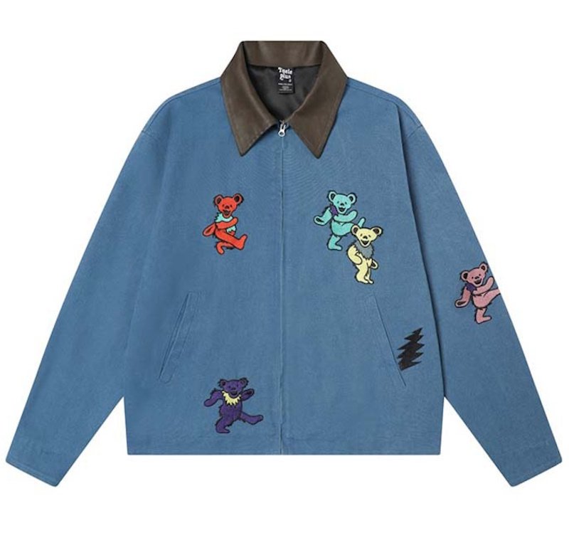 画像1: Grateful Dead Dancing Bear Embroidered Collar Leather Jacket　ユニセックス 男女兼用グレイトフルデッドダンシングベア刺繍襟レザージャケット (1)