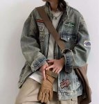 画像4: Retro alphabet embroidered washable stand-up collar denim jacket　ユニセックス 男女兼用 レトロアルファベット刺繍ウォッシュデニムGジャンジャケット (4)
