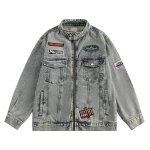 画像6: Retro alphabet embroidered washable stand-up collar denim jacket　ユニセックス 男女兼用 レトロアルファベット刺繍ウォッシュデニムGジャンジャケット (6)
