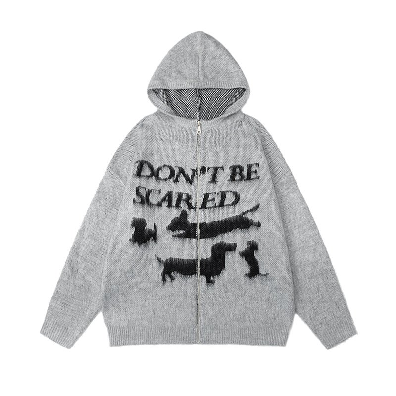 画像1: Unisex Dachshund Dog Knitted Zip-Up Hooded Cardigan Sweater ユニセックス男女兼用ダックスフンドドッグ編み込みジップアップフード付きカーディガンセーター (1)