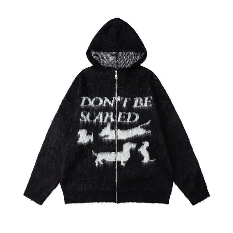 画像2: Unisex Dachshund Dog Knitted Zip-Up Hooded Cardigan Sweater ユニセックス男女兼用ダックスフンドドッグ編み込みジップアップフード付きカーディガンセーター (2)