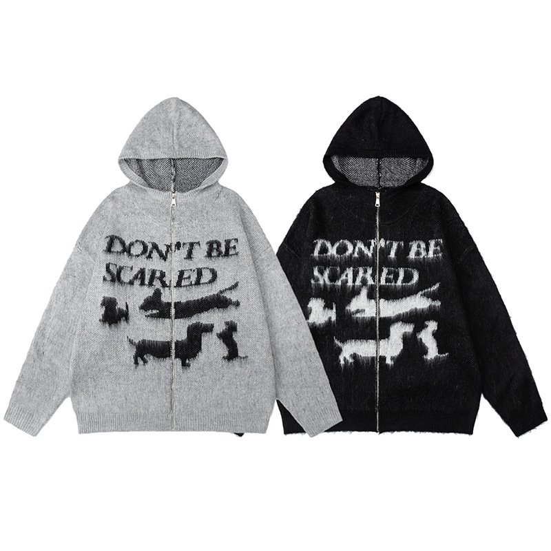 画像3: Unisex Dachshund Dog Knitted Zip-Up Hooded Cardigan Sweater ユニセックス男女兼用ダックスフンドドッグ編み込みジップアップフード付きカーディガンセーター (3)