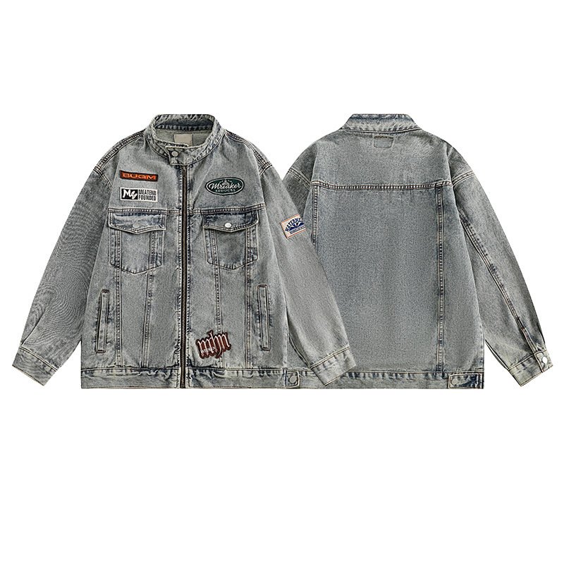 画像3: Retro alphabet embroidered washable stand-up collar denim jacket　ユニセックス 男女兼用 レトロアルファベット刺繍ウォッシュデニムGジャンジャケット (3)