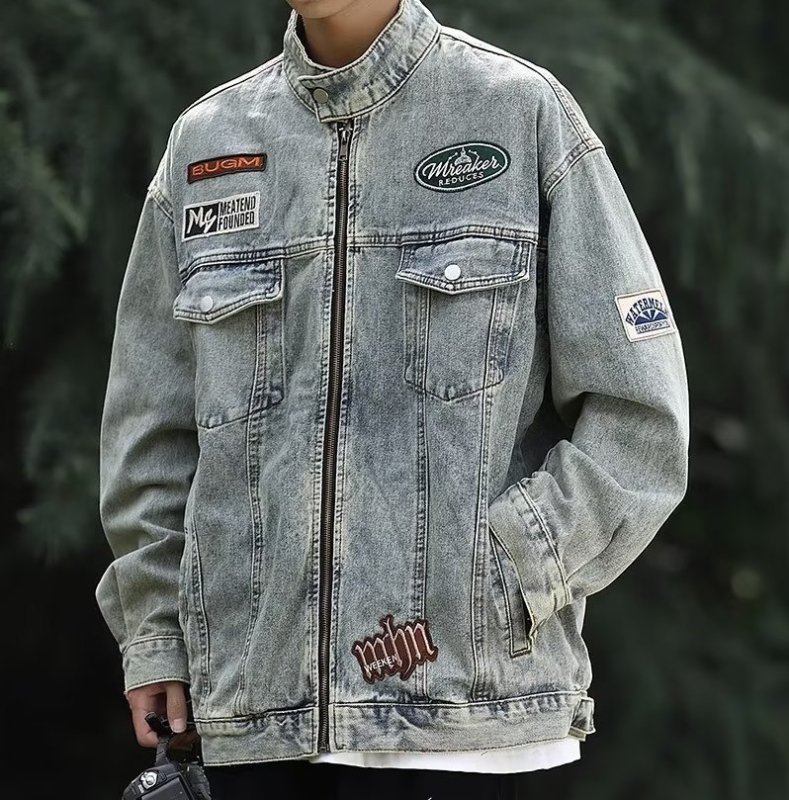 画像5: Retro alphabet embroidered washable stand-up collar denim jacket　ユニセックス 男女兼用 レトロアルファベット刺繍ウォッシュデニムGジャンジャケット (5)