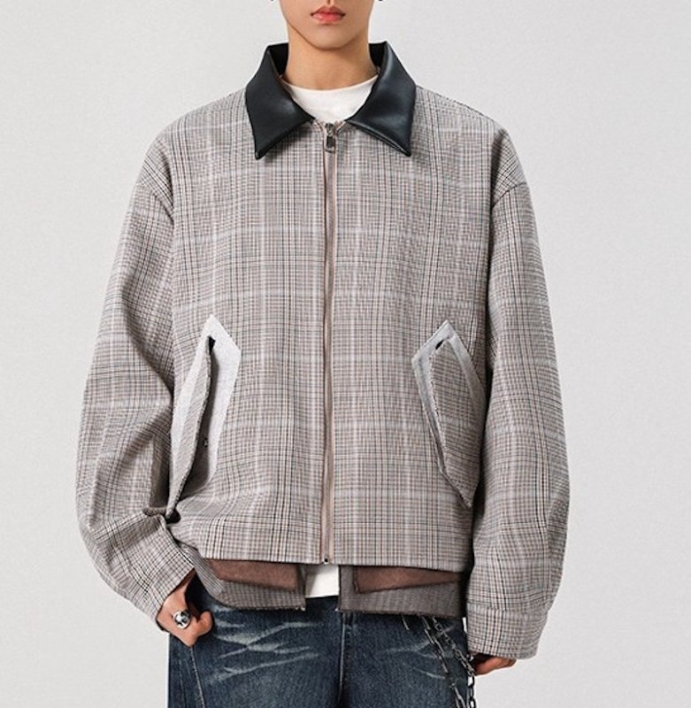 画像3: Houndstooth Collar Leather Swing Top Jacket　ユニセックス 男女兼用千鳥格子襟レザースイングトップジャケットコート (3)