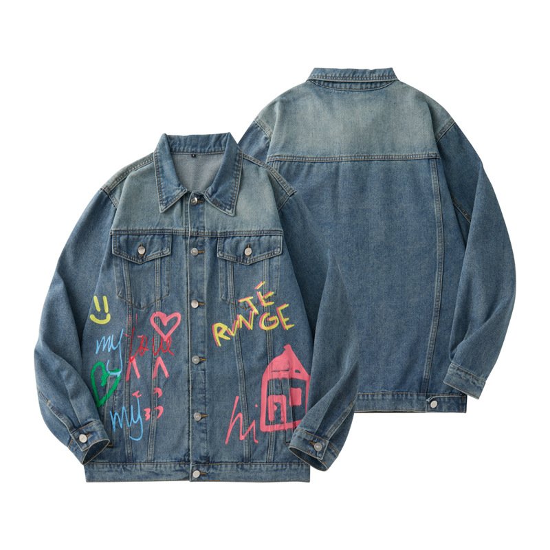 画像4: Colorful hand-drawn doodle Denim Jacket　ユニセックス 男女兼用 カラフル落書きデニムGジャンジャケット (4)