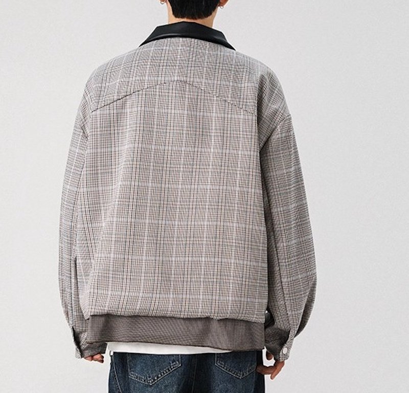 画像4: Houndstooth Collar Leather Swing Top Jacket　ユニセックス 男女兼用千鳥格子襟レザースイングトップジャケットコート (4)