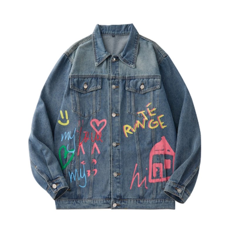 画像1: Colorful hand-drawn doodle Denim Jacket　ユニセックス 男女兼用 カラフル落書きデニムGジャンジャケット (1)