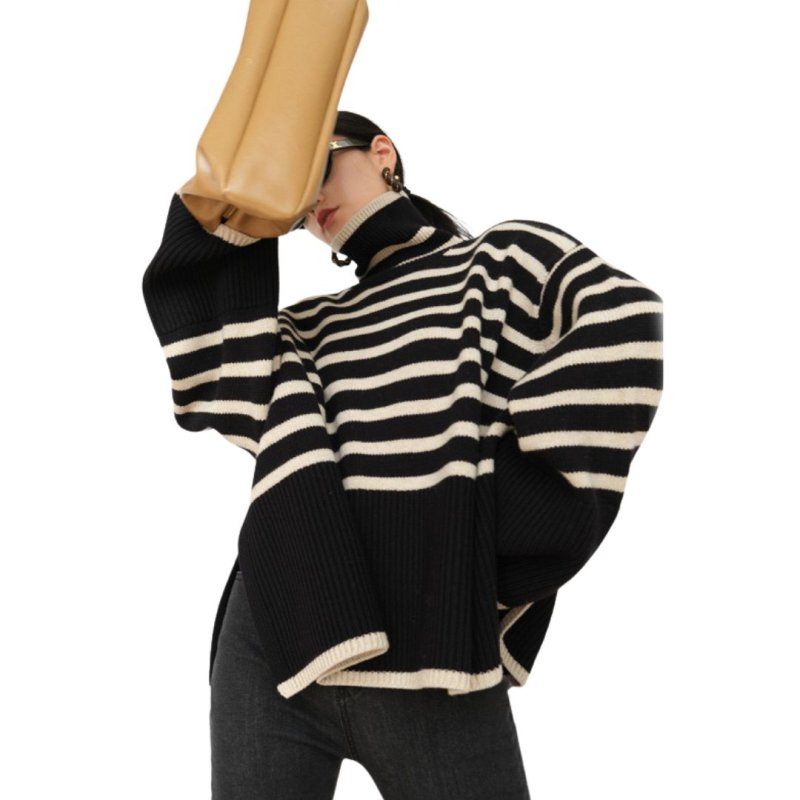 画像3: Turtleneck Striped Trumpet Sleeve Sweater Pullover knitted 　タートルネックボーダートランペット袖セータープルオーバ (3)