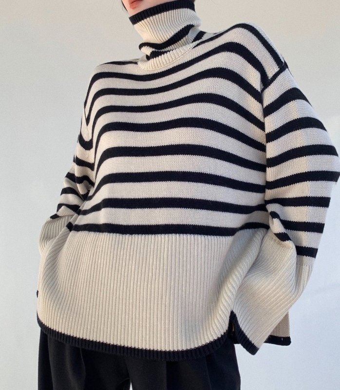 画像2: Turtleneck Striped Trumpet Sleeve Sweater Pullover knitted 　タートルネックボーダートランペット袖セータープルオーバ (2)
