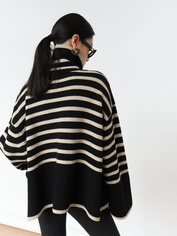 画像9: Turtleneck Striped Trumpet Sleeve Sweater Pullover knitted 　タートルネックボーダートランペット袖セータープルオーバ (9)