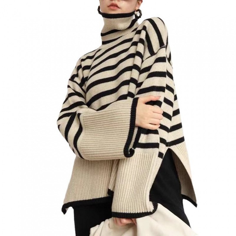 画像6: Turtleneck Striped Trumpet Sleeve Sweater Pullover knitted 　タートルネックボーダートランペット袖セータープルオーバ (6)