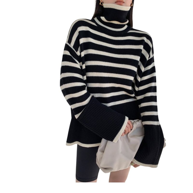 画像5: Turtleneck Striped Trumpet Sleeve Sweater Pullover knitted 　タートルネックボーダートランペット袖セータープルオーバ (5)