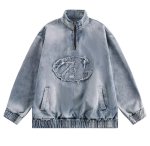 画像1: Unisex  Half-zip stand-up collar washed denim jacket Blouson　ユニセックス 男女兼用ハーフジップスタンドカラーウォッシュデニムジャケット ブルゾン (1)
