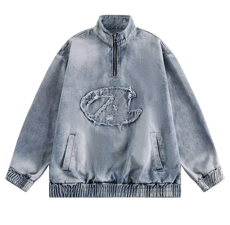 画像1: Unisex  Half-zip stand-up collar washed denim jacket Blouson　ユニセックス 男女兼用ハーフジップスタンドカラーウォッシュデニムジャケット ブルゾン (1)
