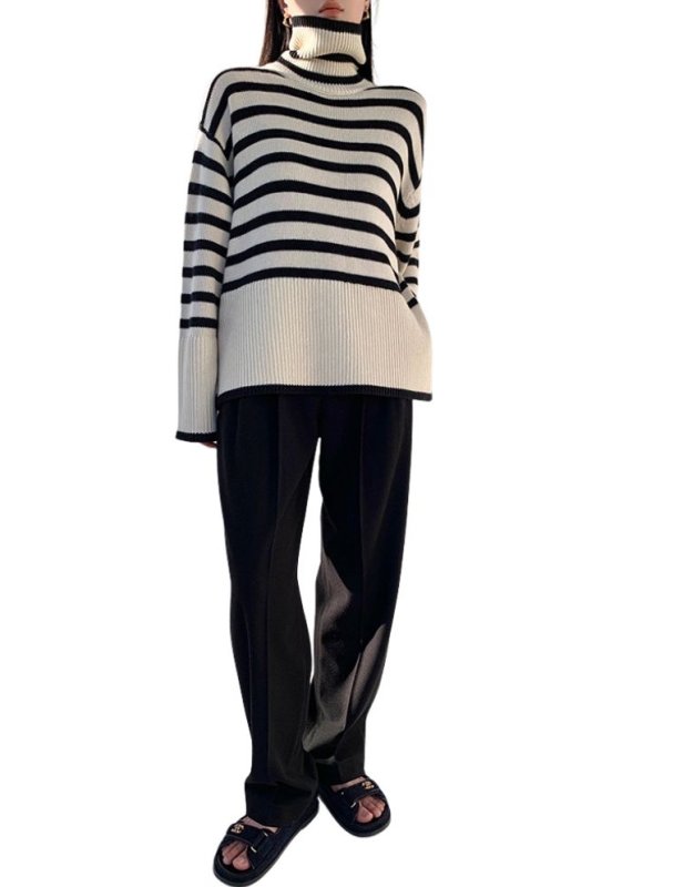 画像4: Turtleneck Striped Trumpet Sleeve Sweater Pullover knitted 　タートルネックボーダートランペット袖セータープルオーバ (4)