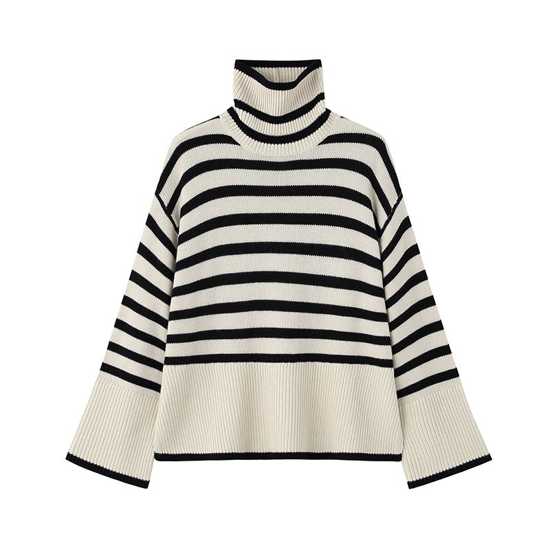 画像8: Turtleneck Striped Trumpet Sleeve Sweater Pullover knitted 　タートルネックボーダートランペット袖セータープルオーバ (8)
