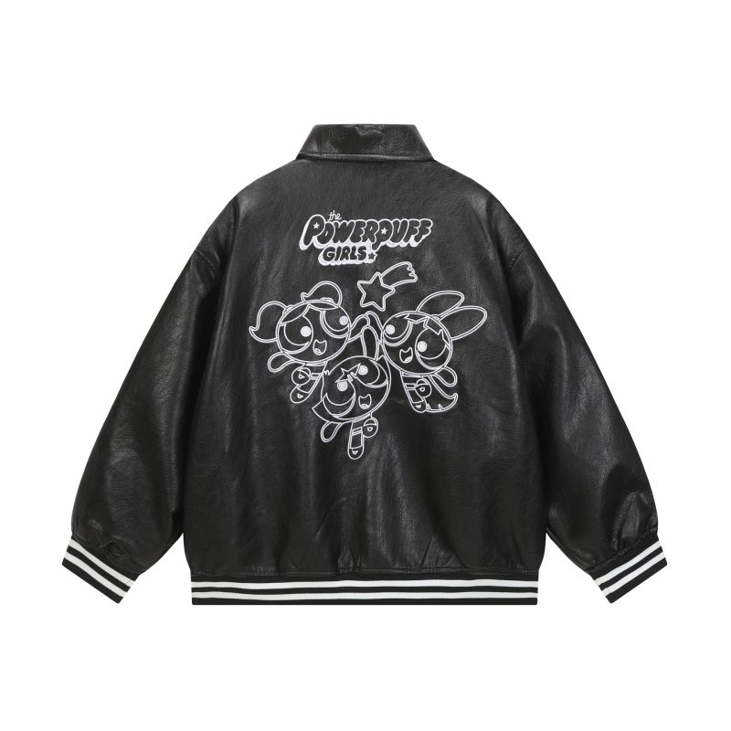 画像2: Over sized The Powerpuff Girls Leather baseball uniform blouson Jacket オーバーサイズ ユニセックス男女兼用 パワーパフガールズ レザー風 スタジャン ジャケットブルゾン (2)