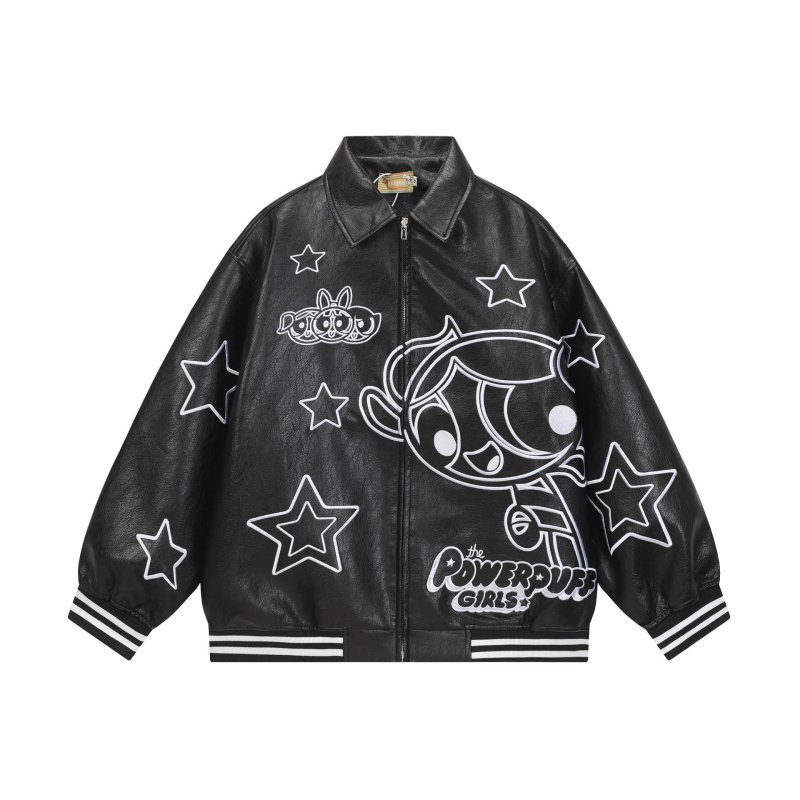 画像1: Over sized The Powerpuff Girls Leather baseball uniform blouson Jacket オーバーサイズ ユニセックス男女兼用 パワーパフガールズ レザー風 スタジャン ジャケットブルゾン (1)