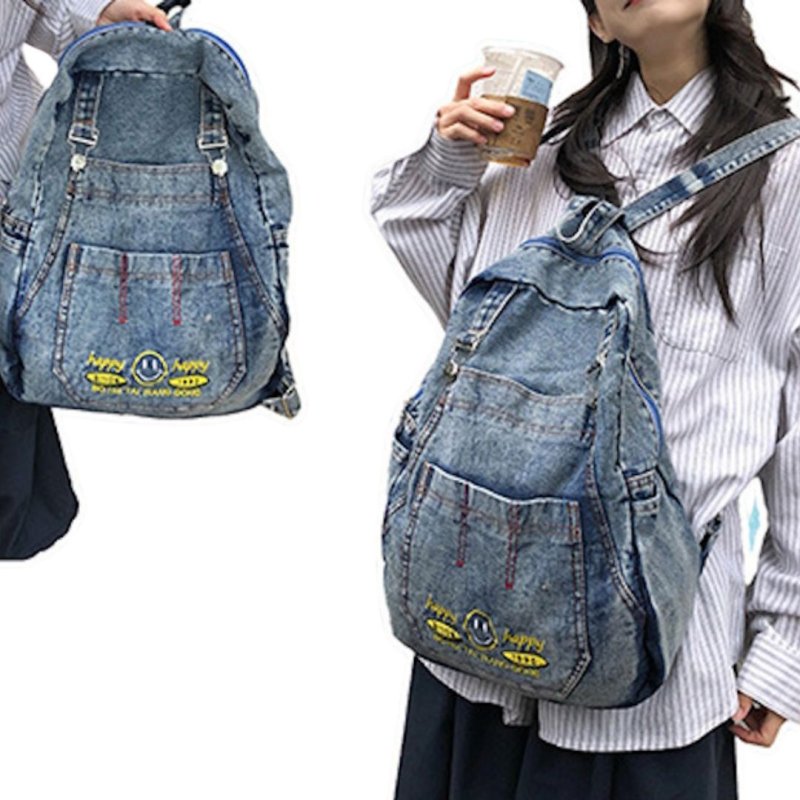 画像6: Smile embroidery denim backpack Bag  男女兼用ユニセックススマイルニコちゃん刺繍 バックパック リュックサック  バッグ (6)