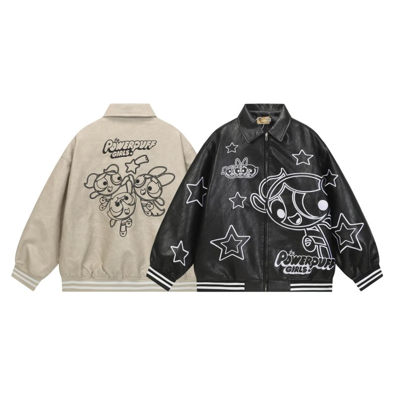 画像4: Over sized The Powerpuff Girls Leather baseball uniform blouson Jacket オーバーサイズ ユニセックス男女兼用 パワーパフガールズ レザー風 スタジャン ジャケットブルゾン (4)