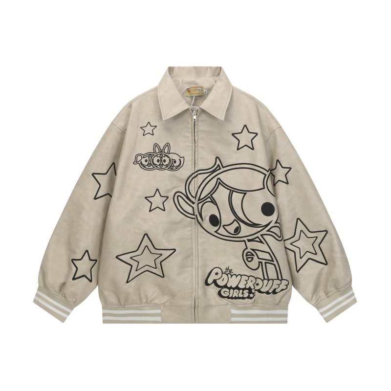 画像3: Over sized The Powerpuff Girls Leather baseball uniform blouson Jacket オーバーサイズ ユニセックス男女兼用 パワーパフガールズ レザー風 スタジャン ジャケットブルゾン (3)