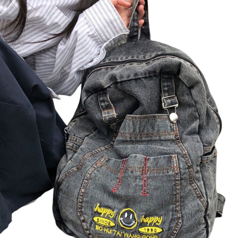 画像5: Smile embroidery denim backpack Bag  男女兼用ユニセックススマイルニコちゃん刺繍 バックパック リュックサック  バッグ (5)