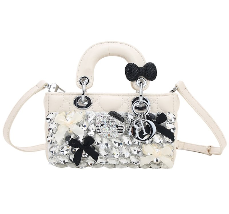 画像1: Hidden Crystal Kitty Quilted Mini Tote Shoulder Crossbody Bag クリスタル隠れキティーレザーキルティングミニスモールトートショルダークロスボディバッグ (1)