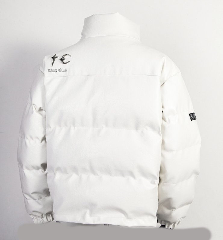 画像4: Unisex Leather Alphabet Star Moon Stand Collar Zip-Up Down Jacket coat  　ユニセックス 男女兼用レザーアルファベット星月スタンドカラージップアップダウンジャケットコート (4)