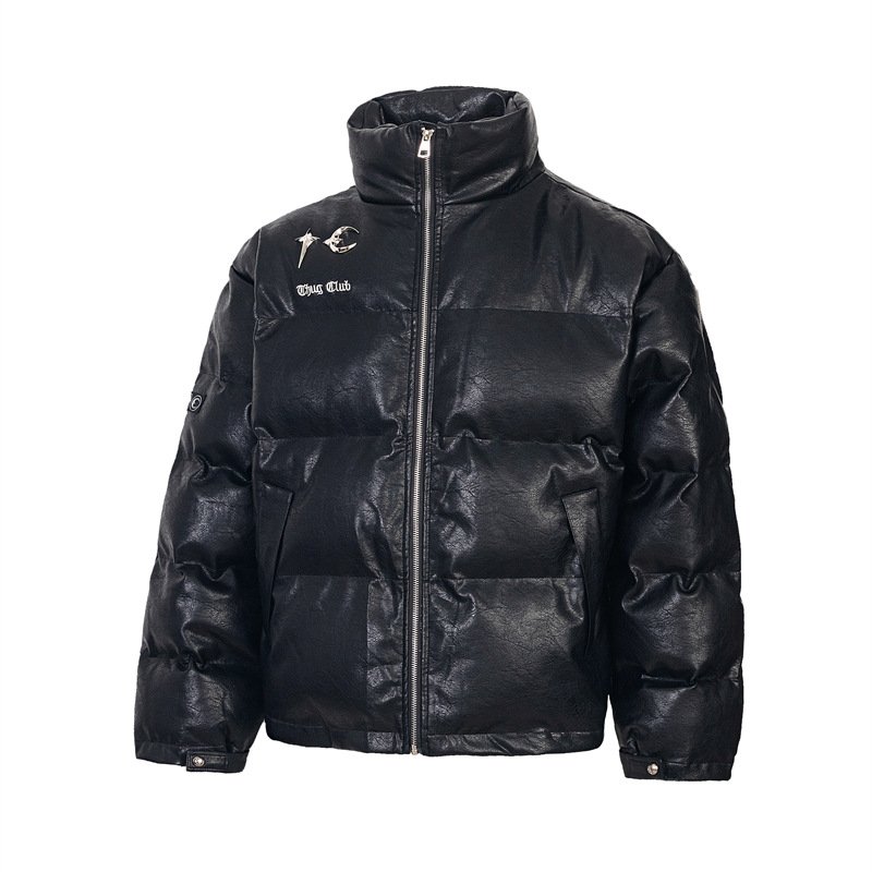 画像1: Unisex Leather Alphabet Star Moon Stand Collar Zip-Up Down Jacket coat  　ユニセックス 男女兼用レザーアルファベット星月スタンドカラージップアップダウンジャケットコート (1)