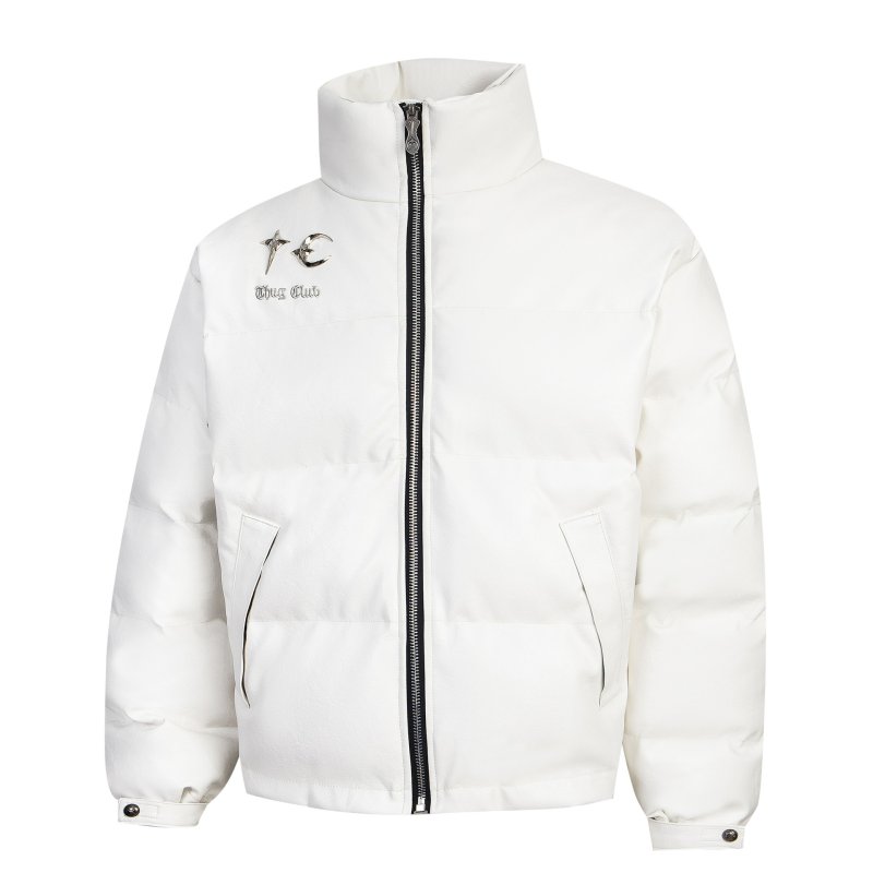 画像2: Unisex Leather Alphabet Star Moon Stand Collar Zip-Up Down Jacket coat  　ユニセックス 男女兼用レザーアルファベット星月スタンドカラージップアップダウンジャケットコート (2)