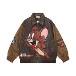 画像1: Tom and Jerry embroidery leather jacket Jumper stadium jacket ユニセックス 男女兼用 トムとジェリー トム&ジェリー 刺繍 コントラストカラー レザー スタジャン ジャケット MA1 ブルゾン　 (1)