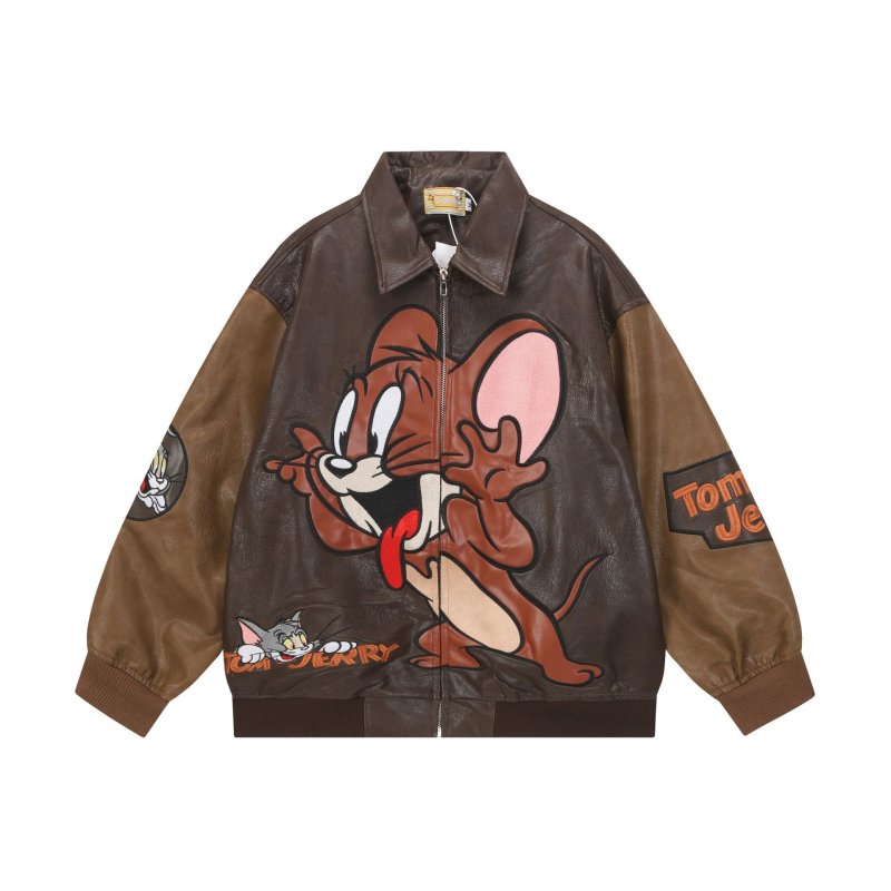 画像1: Tom and Jerry embroidery leather jacket Jumper stadium jacket ユニセックス 男女兼用 トムとジェリー トム&ジェリー 刺繍 コントラストカラー レザー スタジャン ジャケット MA1 ブルゾン　 (1)