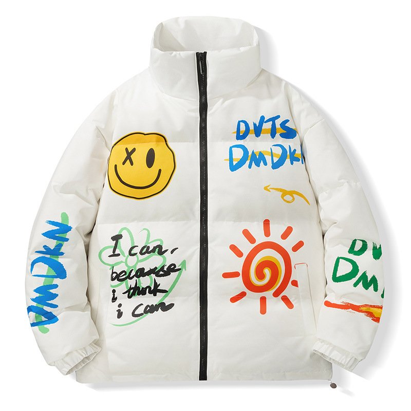画像2: Graffiti Smile Smily Graffiti paint hip-hop stand-up collar Down jacket blouson  ユニセックス 男女兼用 スマイル グラフィック 落書き ダウン ジャケット ブルゾン (2)
