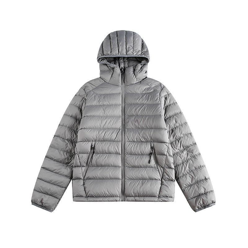 画像3: Unisex Lightweight grey ribbed hooded Zip-Up Down Jacket coat  　ユニセックス 男女兼用グレーリブフード付き軽量ジップアップダウンジャケットコート (3)
