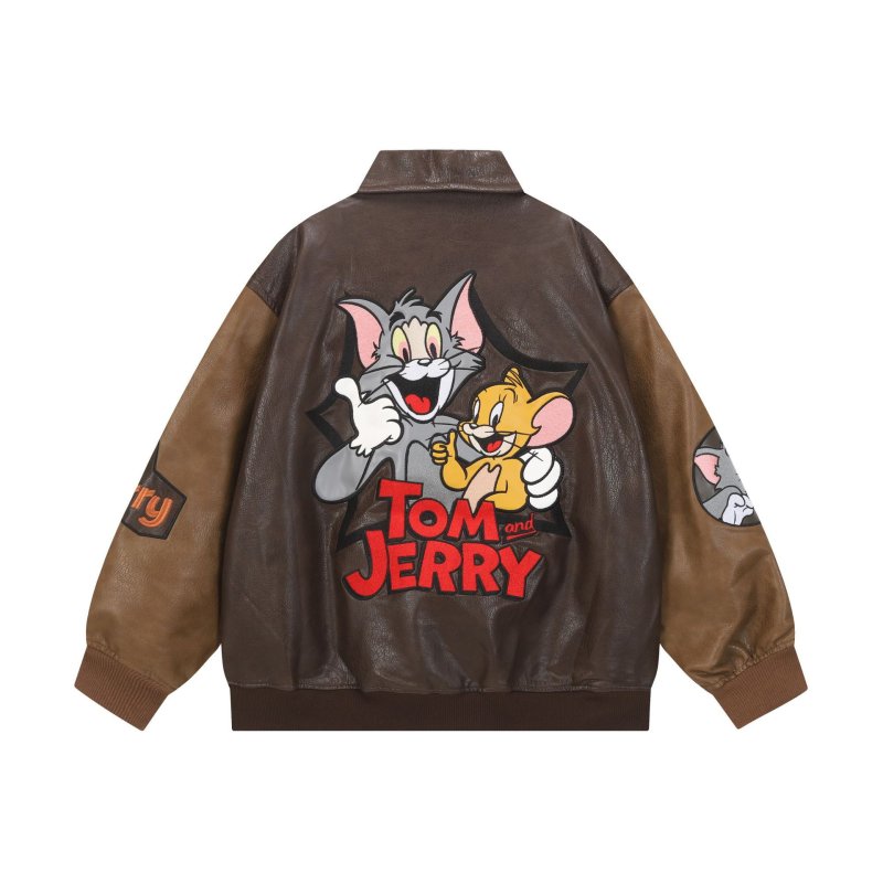 画像2: Tom and Jerry embroidery leather jacket Jumper stadium jacket ユニセックス 男女兼用 トムとジェリー トム&ジェリー 刺繍 コントラストカラー レザー スタジャン ジャケット MA1 ブルゾン　 (2)