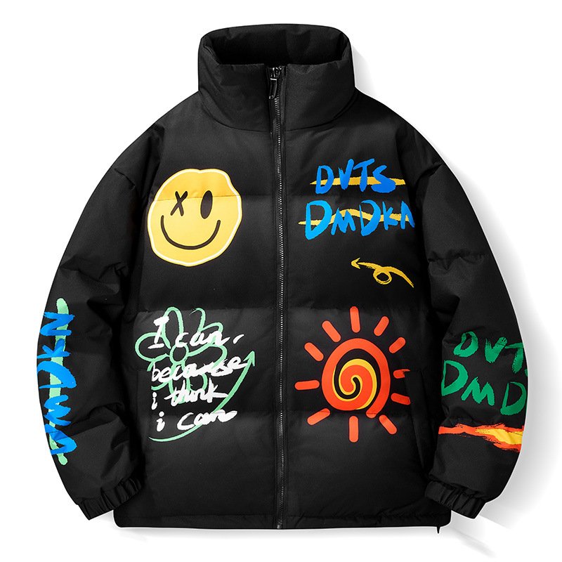 画像1: Graffiti Smile Smily Graffiti paint hip-hop stand-up collar Down jacket blouson  ユニセックス 男女兼用 スマイル グラフィック 落書き ダウン ジャケット ブルゾン (1)