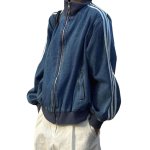 画像4: 3-line denim stand collar zip-up jacket coat　ユニセックス 男女兼用3本ライン デニムスタンドカラージップアップGジャンジャケットコート (4)