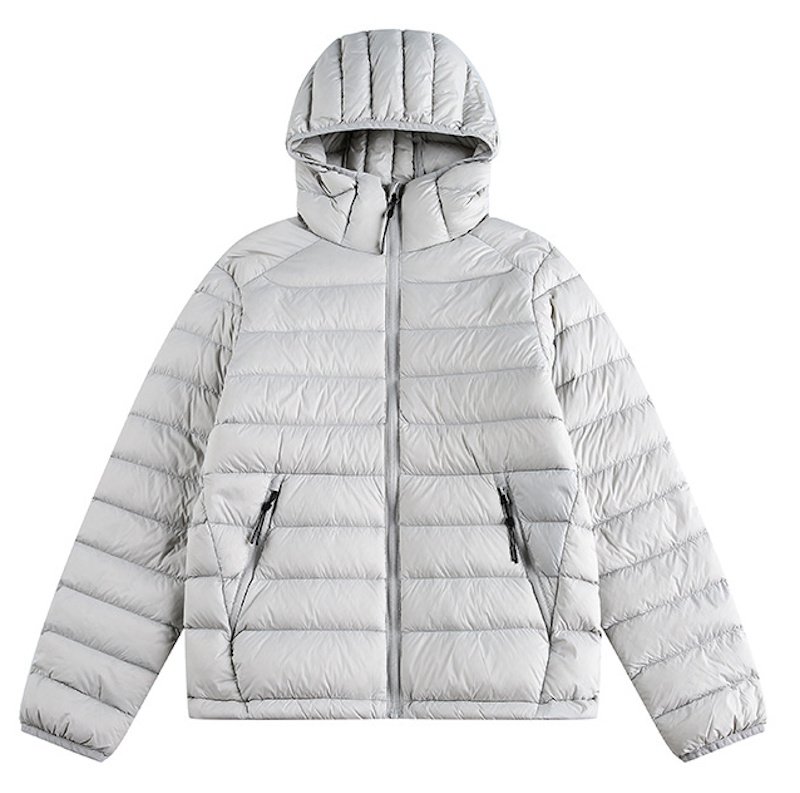画像1: Unisex Lightweight grey ribbed hooded Zip-Up Down Jacket coat  　ユニセックス 男女兼用グレーリブフード付き軽量ジップアップダウンジャケットコート (1)