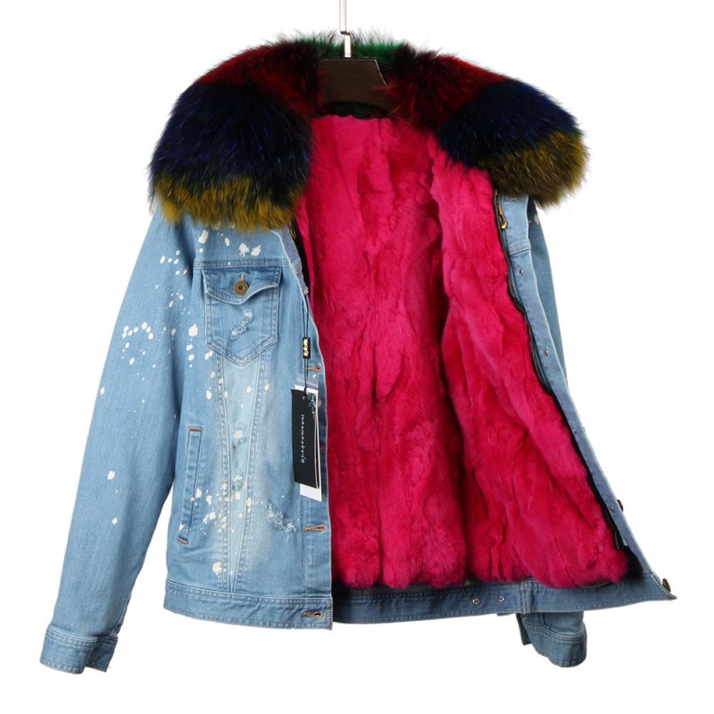 画像5: Real Rubbit Fur Denim Jacket リアルファー付きデニムダメージGジャン ジャケット プラスサイズあり (5)