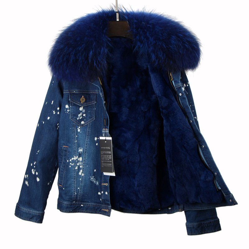 画像2: Real Rubbit Fur Denim Jacket リアルファー付きデニムダメージGジャン ジャケット プラスサイズあり (2)