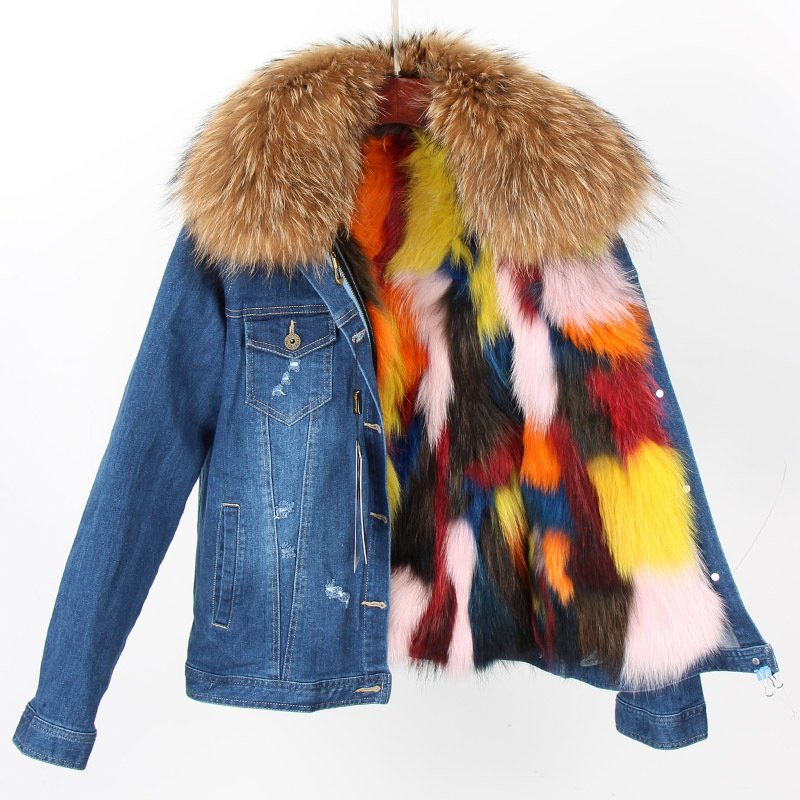 画像1: Real Fox Mix Fur Denim Jacket リアルフォックスミックスファー付きダメージGジャン ジャケット (1)