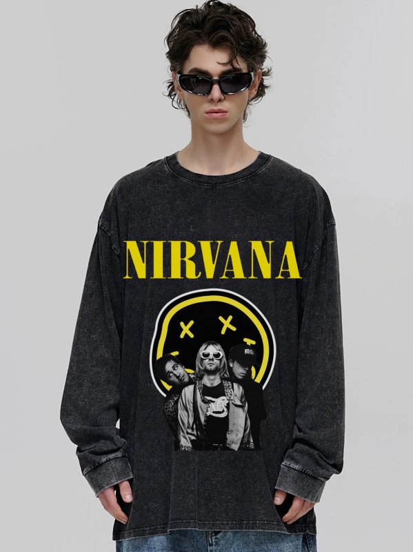 画像8: unisex Nirvana x Smile x Photo Print Vintage Style Long Sleeve T-Shirt   ユニセックスニルヴァーナ ×スマイル×フォト ヴィンテージスタイル 長袖ラウンドネック Tシャツ  バンドT (8)
