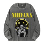 画像1: unisex Nirvana x Smile x Photo Print Vintage Style Long Sleeve T-Shirt   ユニセックスニルヴァーナ ×スマイル×フォト ヴィンテージスタイル 長袖ラウンドネック Tシャツ  バンドT (1)