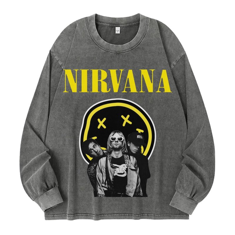 画像1: unisex Nirvana x Smile x Photo Print Vintage Style Long Sleeve T-Shirt   ユニセックスニルヴァーナ ×スマイル×フォト ヴィンテージスタイル 長袖ラウンドネック Tシャツ  バンドT (1)